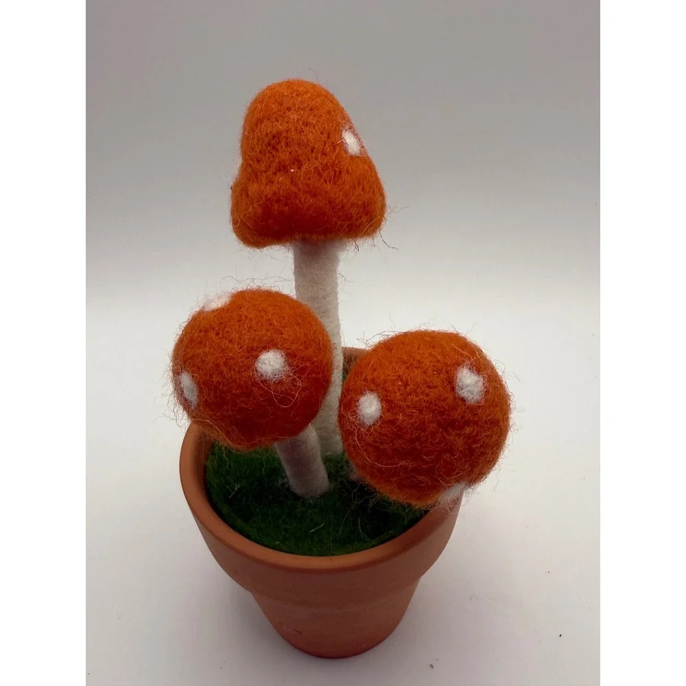 Wool and Ceramic Potted Mushroom Decor Set Orange Green Felted Toadstools 2pc